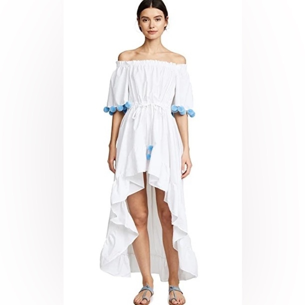 Chic White and Blue High Low Off-Shoulder Dress